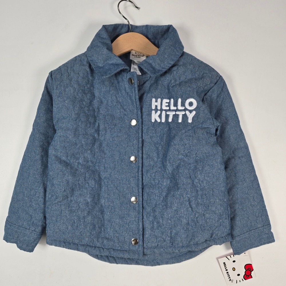 Hello Kitty Sanrio Quilted Jacket Kids Size 5 Blue Chambray Snap Front Graphic